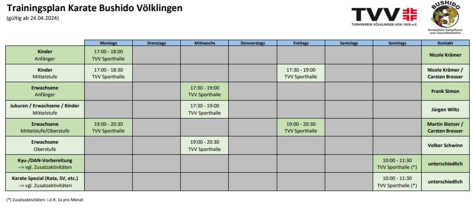 Trainingzeiten Sommer 2024