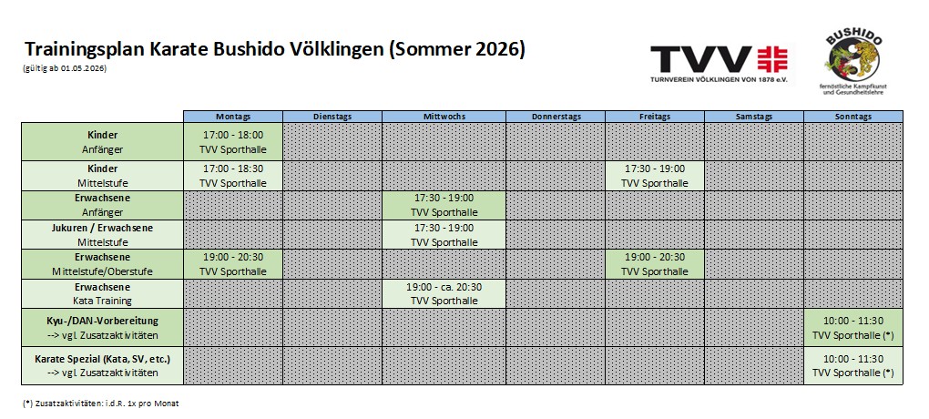 Trainingzeiten Sommer 2026